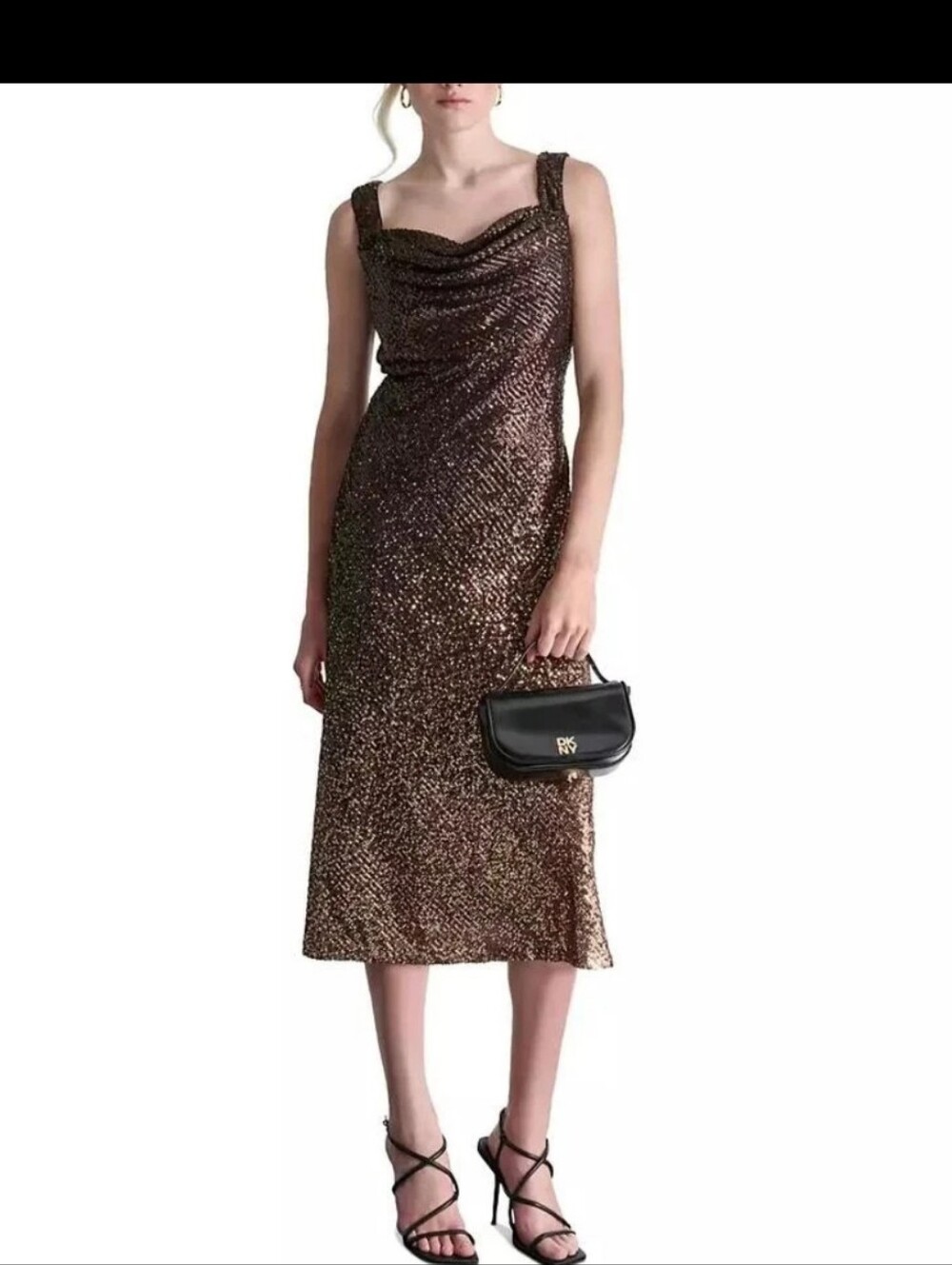 DKNY NWT Size 10 Brown Sequin Cowl Neck Midi Dress Cocktail Party Evening Glam
